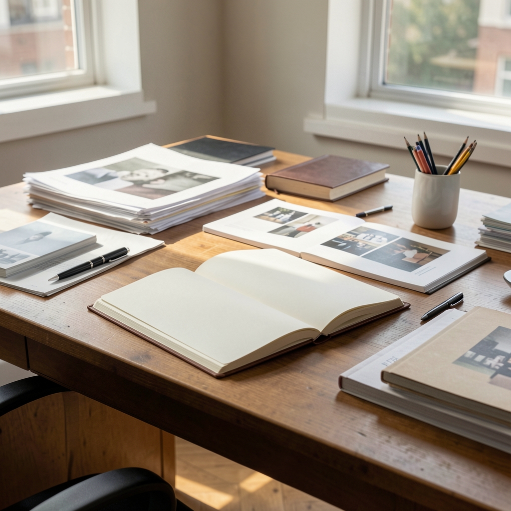 Editorial desk setup with open notebook, reference materials and morning daylight, udravel Journal editorial office